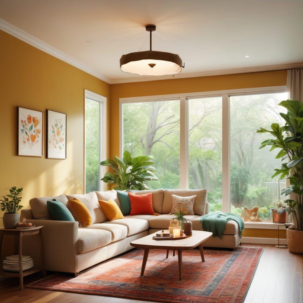 A cozy home interior featuring a happy family enjoying their space, surrounded by protective icons like a shield, umbrella, and heart symbolizing love and insurance. Light streaming in through large windows, emphasizing warmth and security. Include elements of comfort like plants and personal mementos, illustrating the benefits of safeguarding one's space. super-realistic. vibrant colors. soft natural lighting.