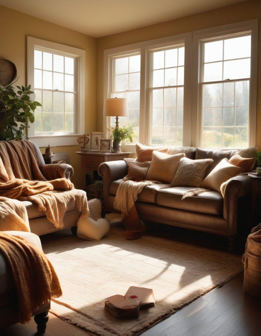 A warm and inviting scene of a cozy living room with a family happily enjoying their day, surrounded by personal belongings that represent memories. In the foreground, a glowing symbol of a heart intertwined with a shield, symbolizing protection and security. Sunlight filters through a window, casting a soft glow highlighting the essence of home and assurance. Convey a feeling of safety, warmth, and community. super-realistic. vibrant colors. soft focus.